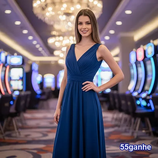Mulher usando vestido azul em um cassino, representando estilo e diversão no 55ganhe.